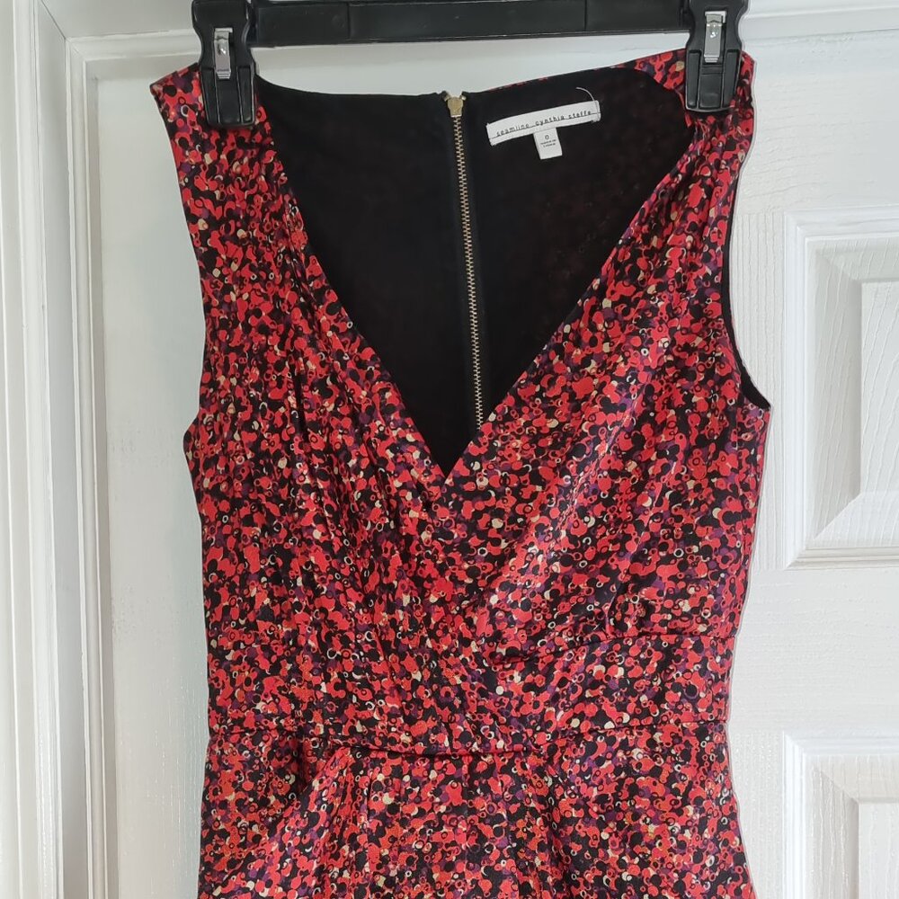 Seamline Cynthia Stefee red, purple, and black circular silky pattern dress